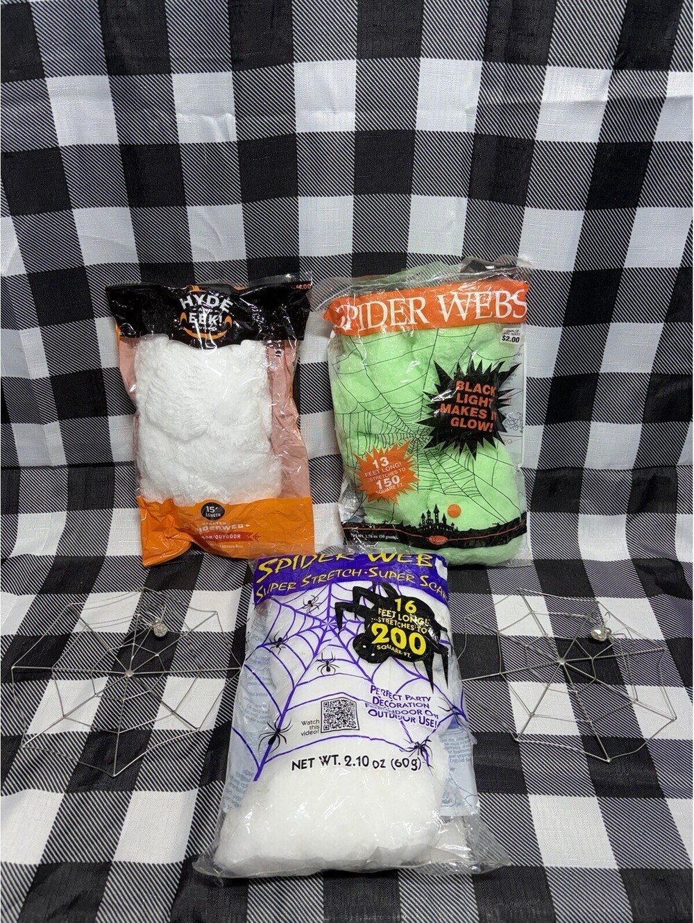 Halloween Lot Of SPIDER WEBS -Super Stretch, Glow In The Dark, Metal With Spider